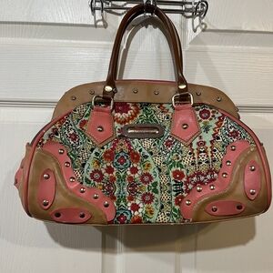 Bright Floral Falcony Handbag with Pink and Tan Accents